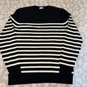 Saint Laurent Paris Striped Virgin Wool Button Shoulder Sweater XL Black Cream